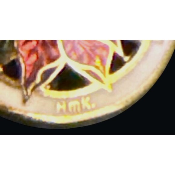 Heavy HMK Signed Cloisonné Poinsettia Pendant Necklace On 26" Chain - Picture 4 of 9